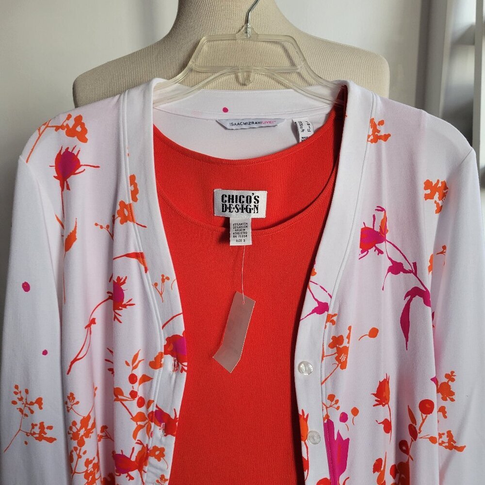 Isaac Mizrahi Live! Women's White Orange Floral Peplum Sweater (Size: Medium)